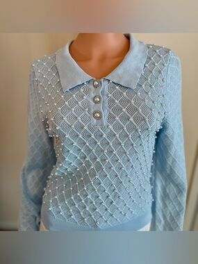 NWT $148 Pearl Embellished Open Knit Lightweight Sweater Preppy Luxurious Small
